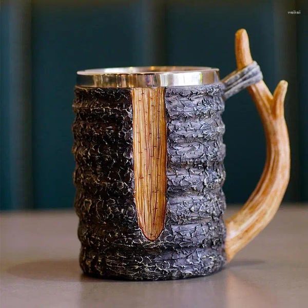 Tasses à café en résine Tasse de 20 oz bière décorative avec manche restaurant en acier inoxydable accessoires de consommation en bois