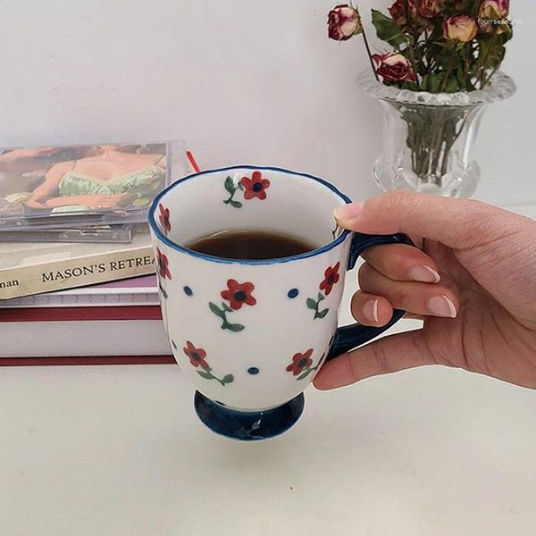 Tazas Retro Pintado a mano Flor Taza de café Japonés Fresco Kawaii Taza de cerámica Leche Agua Jugo Bebida