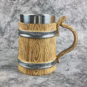 Mokken Retro gesimuleerde houten vat biermok Viking grote capaciteit 304 roestvrijstalen voering koffie wijnglas barornamenten