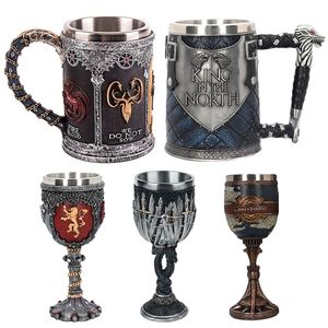 Mugs retro viking bier mugs koffiekopjes 3d gotische goblet ijzer troon tankard roestvrijstalen hars wijnglas mok bar decoratie cadeau 221011