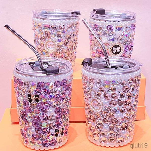 Tasses Strass Tasse En Acier Inoxydable Bling Tasses Avec Paille Bouteille D'eau Tasses À Café Jus Boisson Froide Cristal Diamant Thermos Gobelet R230712