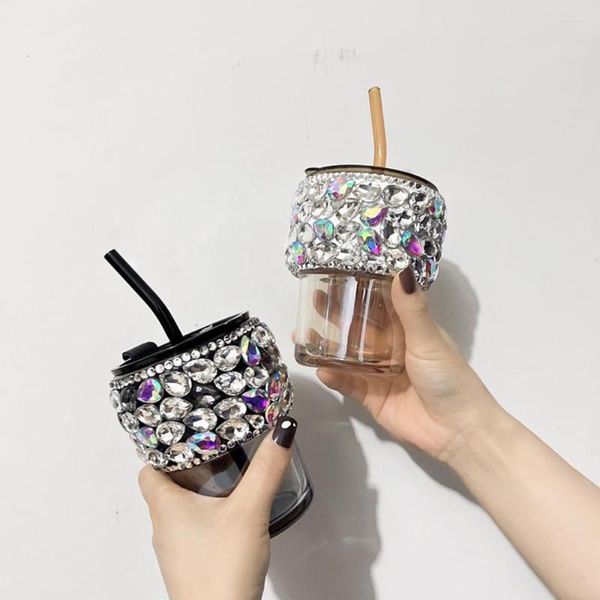 Tasses strass paille verre tasse bouteille d'eau soja lait jus café ménage Transparent Dessert petit déjeuner boisson froide Coke