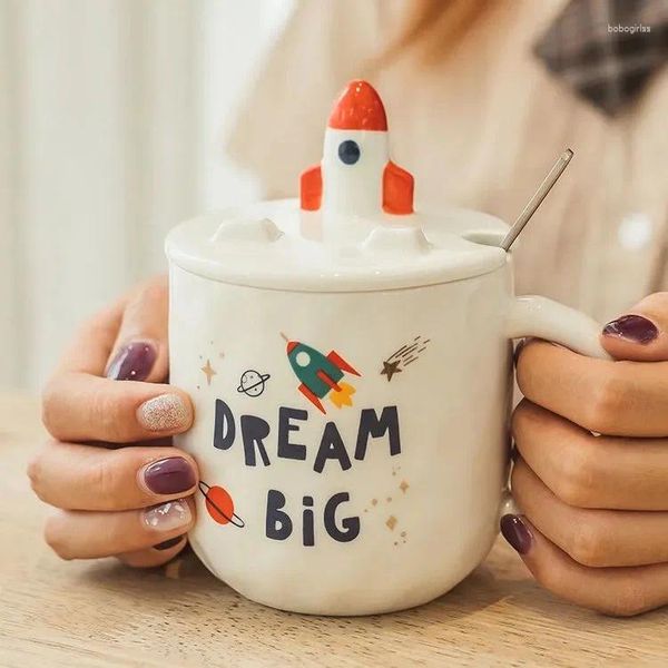 Tazas de cohete Starry Sky Ceramic Cup con cuchara de tapa linda bebida para beber teléfono móvil soporte creativo pareja tazas de café set
