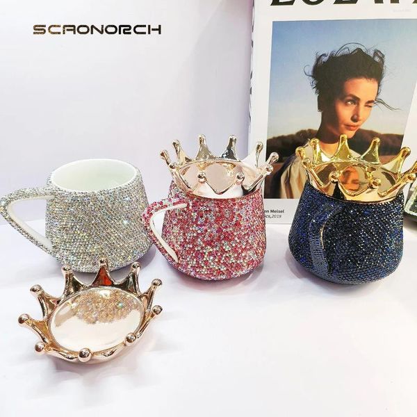 Tasses SCAONORCH Creative Couronne Tasse En Céramique Mignon Café Lait Tasse Avec Couvercle Sparkling Diamant Thé 320 ml Eau Bling Cadeau