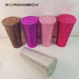 Tasses SCAONORCH RHINESTONE Double paroi Tobus de plastique avec couvercle et tasse à café de paille