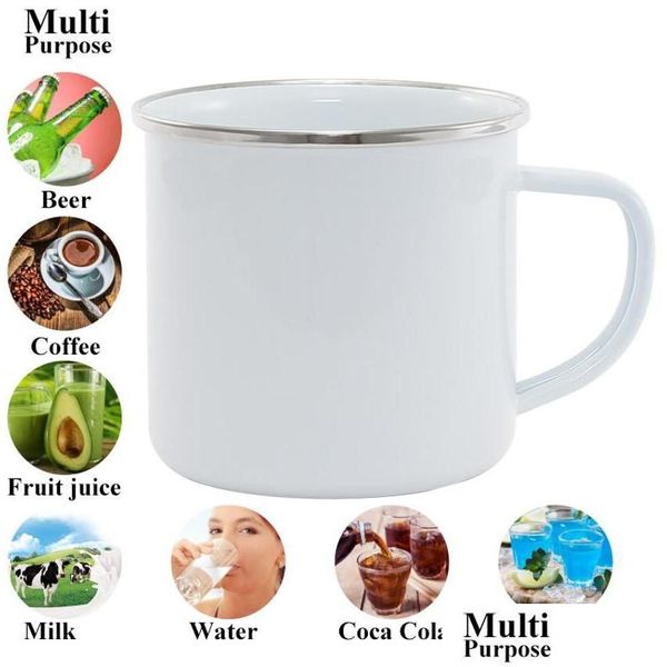 Mugs Sea Diy Sublimation 12Oz Tasse En Émail Avec Sier Rim 350Ml En Acier Inoxydable Émaillé Dent Tasse Poignée Blanc Transfert De Chaleur Eau Co Dha1R