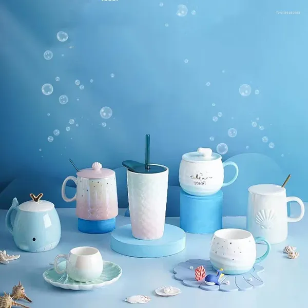 Tasses Tasse de coquillage de mer avec couvercle cuillère tasse en céramique ensemble d'eau domestique amoureux des baleines café perle