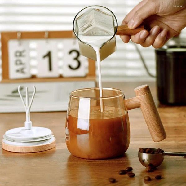 Tasses à café autonome tasse électrique mélange de tasse de verre autonome portable avec en bois pour le lait de voyage
