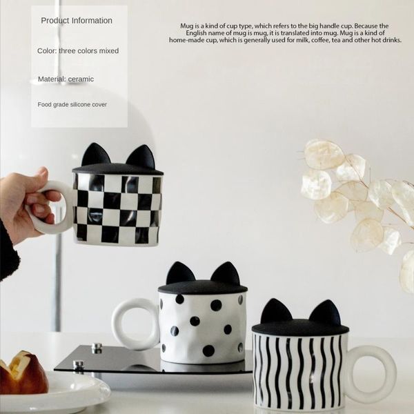 Tasses simples en céramique noir et blanc avec couvercle mignon tasses à café couple cadeau de petit déjeuner original