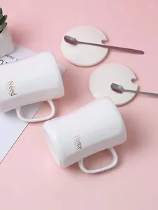 Tasses tasses simples blanc grande capacité en céramique bureau à la maison eau avec couvercle cuillère cadeau café