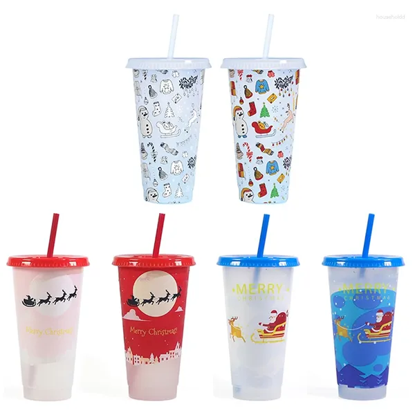 Tasses monocouche en plastique couleur changeante tasse de noël 710ml paille gobelet froid avec couvercles boissons de fête café