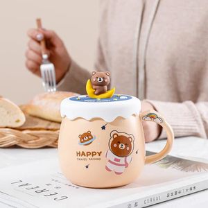 Tasses Space Bear Mug Bouteille en céramique avec couvercle 3D et poignée chevauchant la lune vacances Couple bureau beaux cadeaux d'animaux