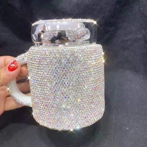 Tasses Tasse à café mousseux avec couvercle en céramique cristal strass gobelet tasse longue Distance relation cadeaux lait eau tasses CuteMugs