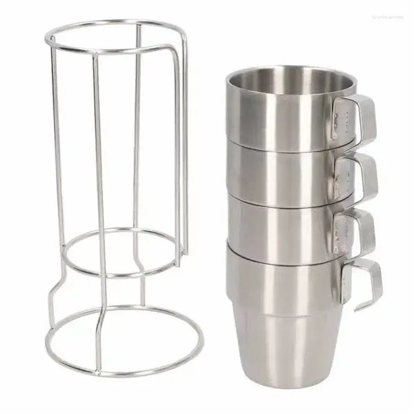 Tasses en tasse de camping en acier inoxydable Ensemble de 4 tasses extérieures empilables en acier en acier en acier inoxydable avec support de support pour pique-nique