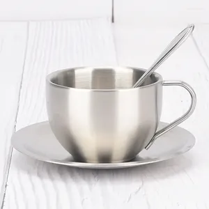 Tasses en acier inoxydable tasses à café ensemble double pont isolation thermique tasse thé lait avec soucoupe tapis cuillère