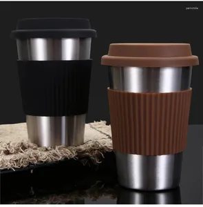 Tasses Tasse à café en acier inoxydable avec couvercle en Silicone isolé Anti-brûlure thé au lait tasse de bureau voiture froide facile à boire à la maison