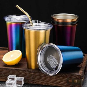 Tasses En Acier Inoxydable En Métal Chope À Bière Avec Couvercle Portable Thé Café Voyage Paille Tasse Bureau Boisson Froide Eau Gobelet Drinkware 400 / 500ML R230712