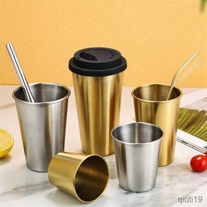 Tasses En Acier Inoxydable En Métal Chope À Bière Avec Couvercle Café Gargle Tasses Thé Eau Boissons Froides Tasse Gobelet Cuisine Drinkware R230712