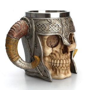 Tasses Tasse de crâne en acier inoxydable Viking tasse à boire squelette résine bière Stein Tankard café thé Halloween cadeau Bar Drinkware 231023