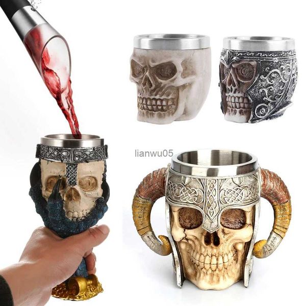 Tazas Taza de calavera de acero inoxidable Taza para beber vikinga Esqueleto Resina Cerveza Stein Jarra Taza de café Taza de té Regalo de Halloween Bar DrinkwareL2402