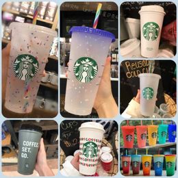 Tazas Starbucks 24 oz / 710 ml Tazas de plástico Vaso Sirena Diosa Reutilizable Claro Beber Fondo plano Pilar Forma Tapa Tazas de paja taza 1101