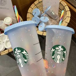 Mokken Starbucks 24oz/710ml Plastic mokken met tuimelaar Mermaid Godin Herbruikbaar Clear Drinking Flat Bottom Pillar Form Lid Straw Cups Mug M7DS
