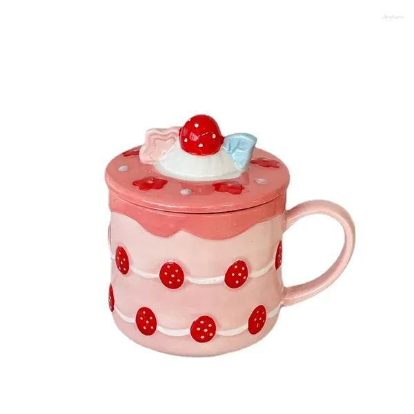 Tazas Taza de pastel de fresa Chica Taza de té linda Leche Cerámica con tapa Mango de oficina de agua