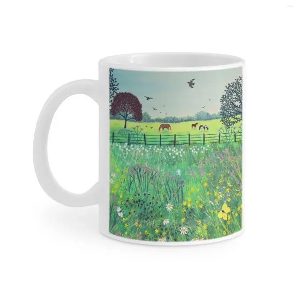 Tazas Taza blanca de pastoreo de verano Tazas de café Regalo de café/té/cacao de cerámica divertido Amante del arte del caballo Paisaje campestre