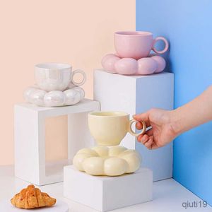 Mokken Zon Bloem Keramische Kopje Koffie Macaron Kleur Mok Kleine Verse Afternoon Tea Kopjes Schotel Melk Mok brithday Paar Gift R230712