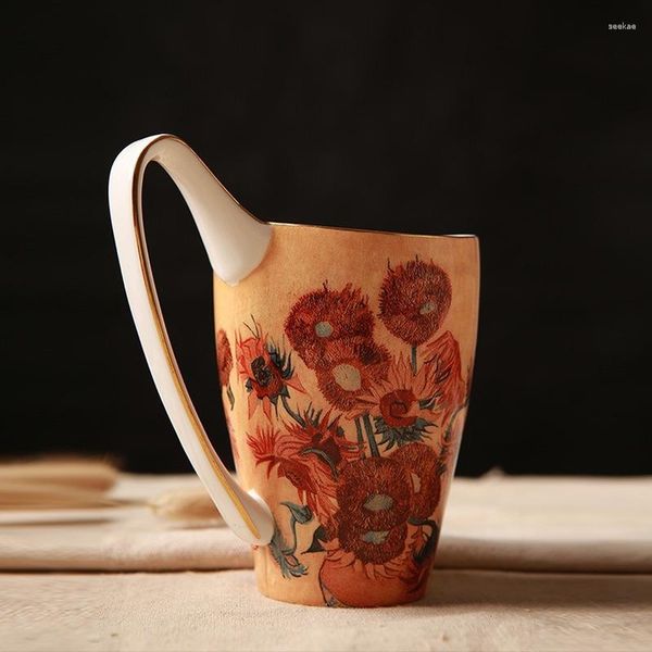 Tasses à l'huile de tournesol peinte en céramique tasse à eau tasse à café 600ML grande capacité diamètre os chine créative