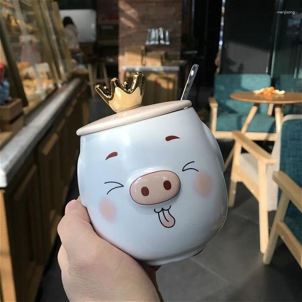 Tazas Super Cute Crown Pig Taza Cuchara con tapa para niños y niñas Taza de agua de dibujos animados Gran capacidad Café Tripe