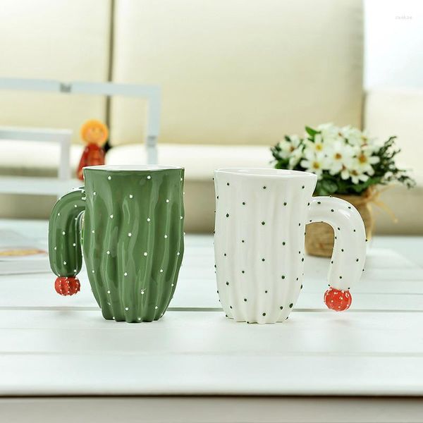 Tazas Taza de té Taza de café Vaso Cerámica Forma de planta Caneca Cactus Relieve Bebidas de dibujos animados Mango redondo 420ml 1pcs