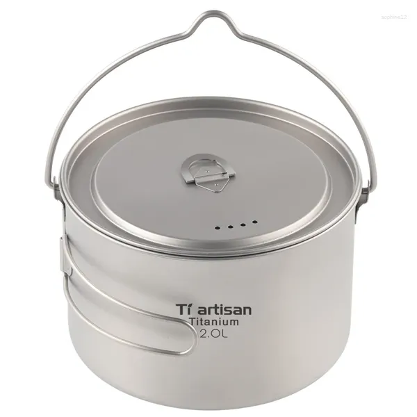 Tasses tiartisan 2000 ml extérieur titanium pot d'eau tasse de table de table de camping pots de cuisine pique-nique suspendu avec poignée de couvercle