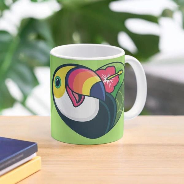 Tazas Dibujos animados de tucán exótico tropical con flor de amor y taza de café con licencia verde Tazas de cerámica de cerveza divertidas