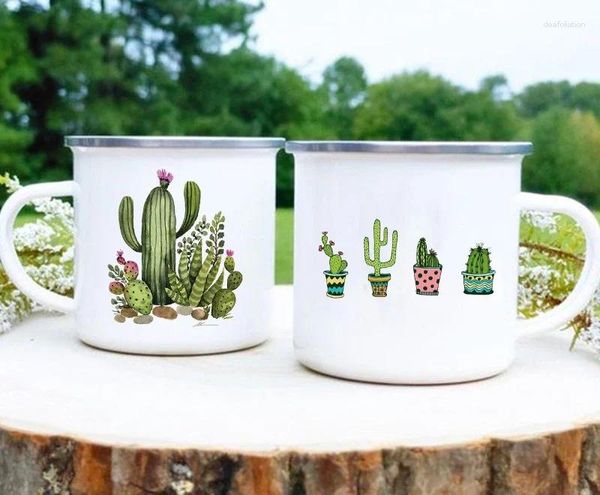Tazas con dibujo de Cactus y plantas tropicales, tazas esmaltadas creativas para café, agua del té, leche, mango para acampar en verano, regalos para vacaciones