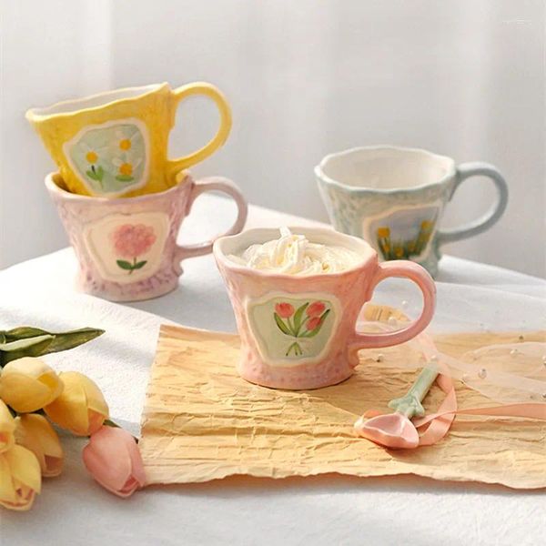 Tasses Tulipes Tasse À Main En Céramique Coeurs De Filles Tasses À Café Roses Avec Un Design En Relief Pour Une Sensation Unique Lait De Petit Déjeuner Convient