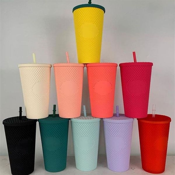 Tazas Vasos con paja Café Taza fría Doble capa Plástico Durian Diamante Mate Amarillo Studded223J