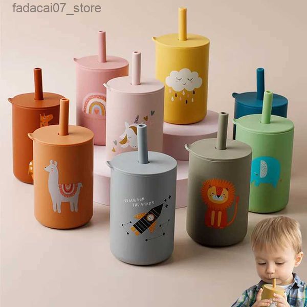 Tazas TYRY.HU 1 unid alimentación del bebé taza de paja bebé dibujos animados aprendizaje taza de alimentación grado alimenticio silicona niño botella de agua vajilla libre de BPA Q240202