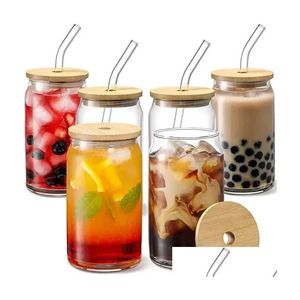 Tasses US Ca Stock 16oz Sublimation Verre Bière Avec Couvercle En Bambou St Tumblers DIY Blanks Givré Clear Can Tasses Transfert De Chaleur Cocktail Drop Otsuh