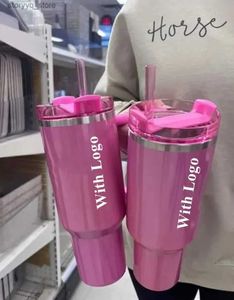 Mokken Amerikaanse voorraad Pink Parade Cosmo Tumbler Valentijnsdag Cadeau Co-ed H2.0 40oz roestvrijstalen bekers Bekers met handvat Deksel en rietje Reisautomokken Waterflessen g0110