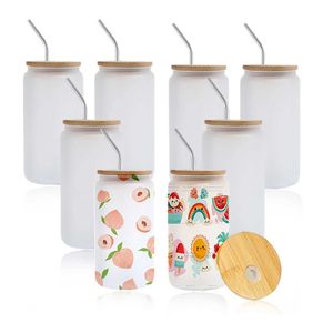 Mugs US Warehouse 8pack Sublimation Blanks Banks Bands Grosted avec des couvercles en bambou et des pailles bornes à boire pour le jus de bricolage 240410