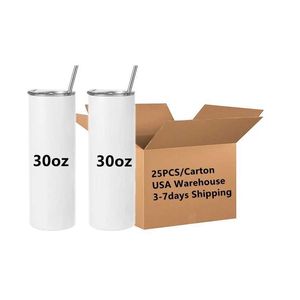Mugs USA Warehouse 15/20 / 30oz 25pack en vrac en gros isolé blanc blanc maigre sublimation droite sublimation avec paille 240410
