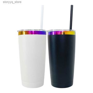 Mugs USA Warehouse 20oz enduit de poudre isolé sous vide multi couleurs arc-en-ciel plaqué voiture tasses gobelets avec paille de couleur et couvercle transparent pour gravures laser holographiques