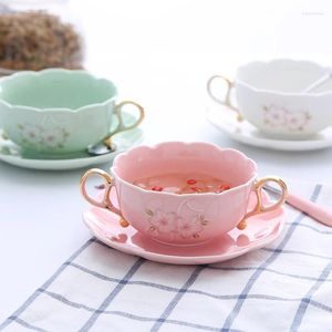 Tasses très exquises à double manche en céramique tasse de café beau thé de cerise en relief