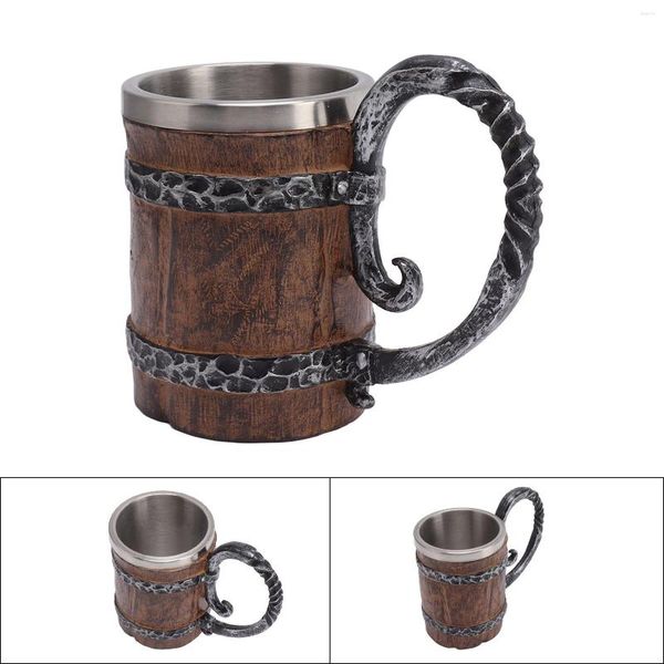 Tasses Viking bière tasse avec poignée 304 en acier inoxydable double paroi en bois imitation médiévale tankard pour bar restaurant décor à la maison