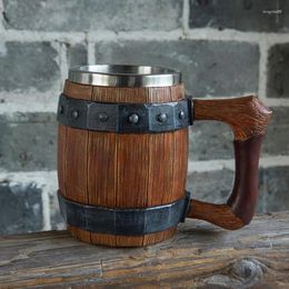 Mugs Viking Wood Barrel Beer Mok met klinknagelleren stijl Roestvrij staal Tankard Coffee Wine Cup Kerstcadeau