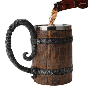 Tasses Viking Wood Style à bière de bière de tasse en forme de tankard en forme de tankard en acier inoxydable Café vintage avec poignée pour cocktail et