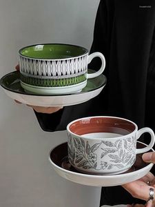 Mokken Vintage keramische koffiekop schotel hittebestendig melkmok met handvat handgeschilderde drinkware set geschenkdoos