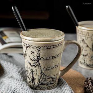 Tasses Tasse en céramique vintage avec couvercle 300 ml animal peint à la main Coffire Coffire tasse d'eau Cadeaux de mariage SZ-CM21032204