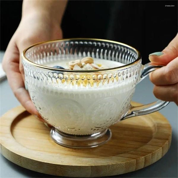 Tasses Vintage tasse en verre gaufré boisson motif de fleur de soleil tasse de style européen 400 ml cadeau de café cannelé ondulation